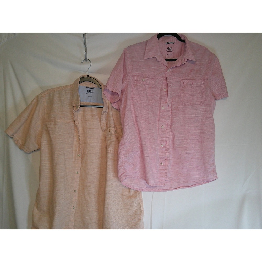 Lot of 2 IZOD Saltwater Mens Large 100% Cotton Short Sleeve Button Up Shirt